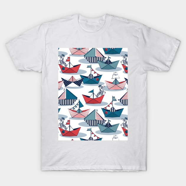 Origami dog day at the lake // pattern // white background red teal and blue origami sail boats with cute Dalmatian T-Shirt by SelmaCardoso